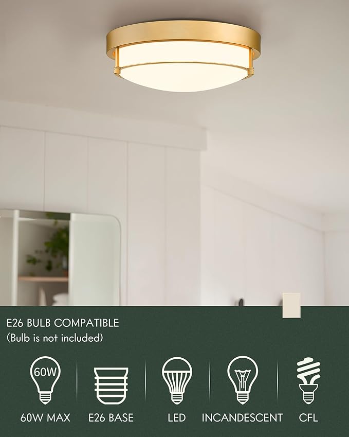 Flush Mount Light Fixture, 12 inch 2-Light Modern Ceiling Light with Brass Gold Finish for Hallway Kitchen Laundry Bedroom, 4822-BB
