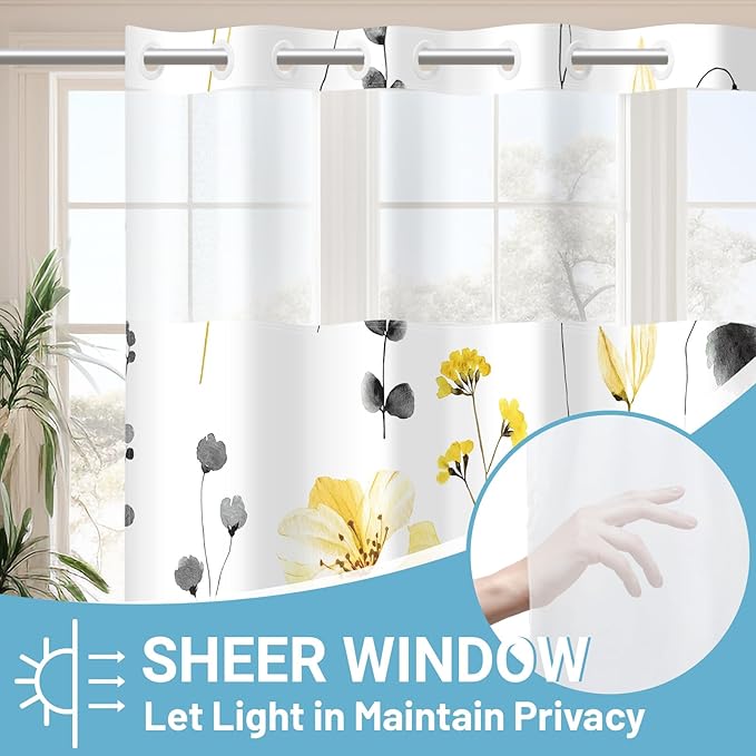 No Hook Shower Curtain with Snap in Liner - Floral Shower Curtain - Fabric Waterproof Inner Liner, Plants Watercolor Yellow Gray Modern Cloth Shower Curtains - Machine Washable, 71 x 74