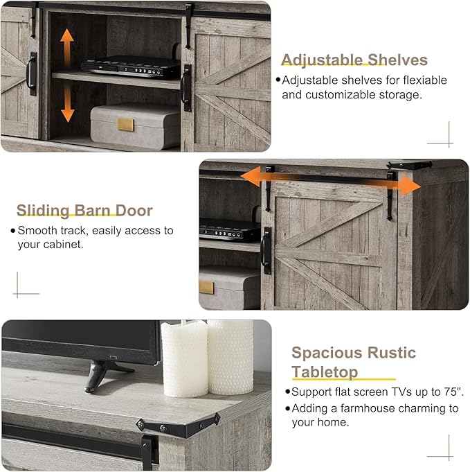 T4TREAM Farmhouse TV Stand for 75 Inch TV, Rustic Entertainment Center w/Sliding Barn Door, Large Media Console Cabinet w/Storage Shelves, Wood Television Stand for Living Room, Light Rustic Oak