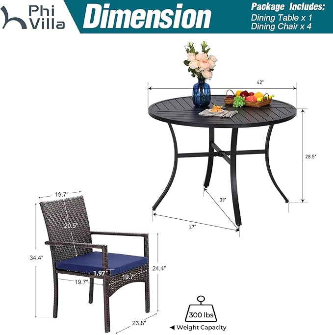PHI VILLA 5 Piece Patio Dining Table Set for 4, 42” Round Steel Dining Table with Umbrella Hole & 4 Cushioned Wicker Chairs for Outdoor, Deck, Yard, Porch