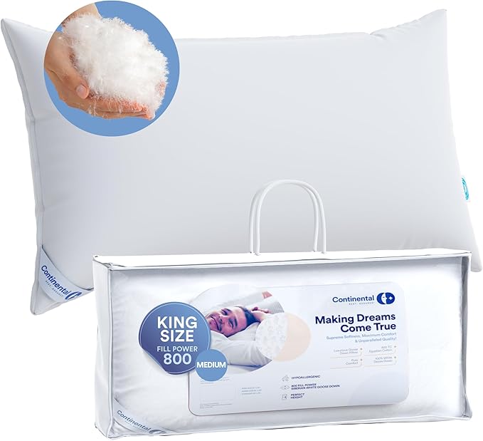 Continental Bedding 100% Siberian Goose Down Pillow 800 Fill Power, Medium, King, White