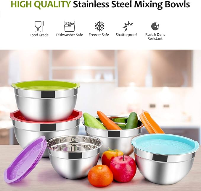 E-far Mixing Bowls with Lids Set of 5, Stainless Steel Mixing Bowls Metal Nesting Bowls with Airtight Lids, Non-toxic & Dishwasher Safe, Great for Cooking, Baking, Serving - Size 0.7/1/1.5/3/4.6QT