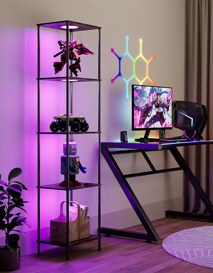 Display Shelf with RGBW Light, Color Changing Curio Cabinet Floor Lamp with Shelves Corner Standing Column Lamp Etagere Organizer Tower Nightstand Bookcase for Living Room Bedroom Office Décor, Brown