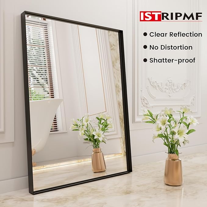 Bathroom Mirror Black,60x28 Inch Large Matte Black Bathroom Vanity Mirror,Rectangle, Square Corner, Anti-Rust,Shatter-Proof, Bedroom, Living Room, Entryway, Wall-Mounted(Horizontal/Vertical)