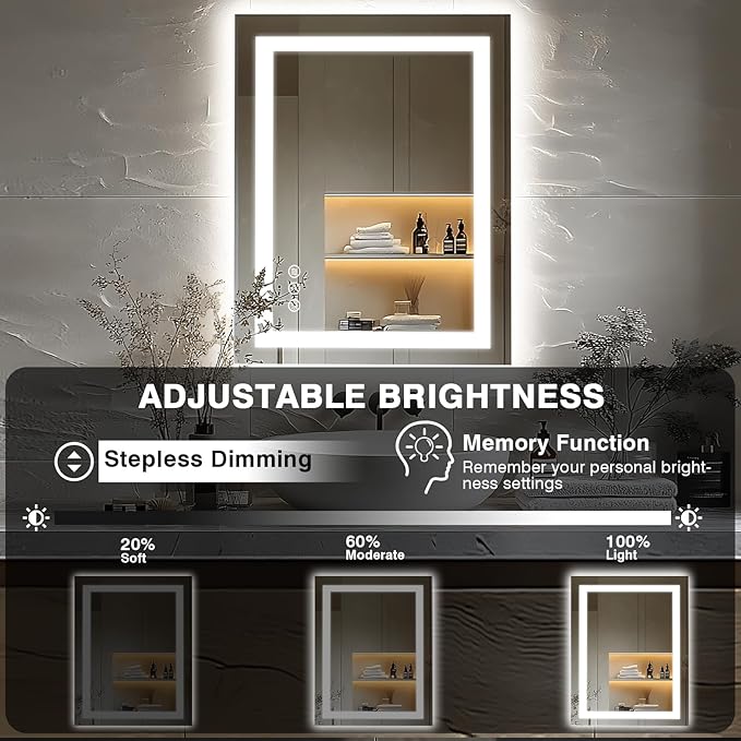 24"x36" LED Bathroom Mirrors for Wall, Front and Backlit, Anti-Fog Vanity Mirror with Lights, Stepless Dimmable Lighted, 3 Colors Smart Mirror (Horizontal/Vertical)