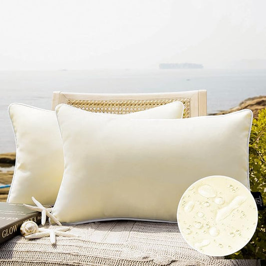 Phantoscope Pack of 2 Outdoor Waterproof Solid Throw Decorative Pillow Cover Decorative Square Outdoor Pillows Cushion Case Patio Pillows for Couch Tent Sunbrella,Cream Cheese 12x20 inches 30x50 cm