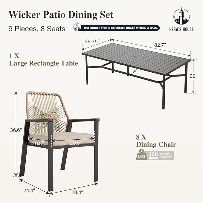 HERA'S HOUSE 9 Pieces Outdoor Dining Set, Patio Table and Chairs for 8, 8 x Cushioned Rattan Patio Chairs and 1 x 83 Large Rectangle Dining Table, Outdoor Dining Table Set for Lawn Garden