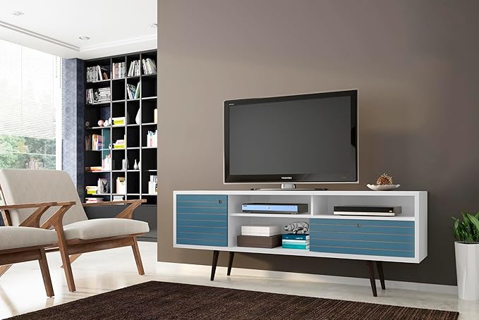 Manhattan Comfort Liberty Mid Century Modern TV Stand for Televisions up to 65 Inches, Bedroom and Living Room Entertainment Center with Storage, Shelves, and Cabinet, 71" Wide, White/Aqua