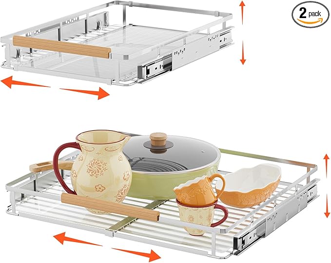 2Pack Expandable Pull Out Cabinet Organizer, Slide Out Drawers for Kitchen Cabinets, Heavy Duty Drawer Slides for Home Kitchen Pantry Cupboard Pots Pans, Adjustable Width 17.1"~28.1" W x 22.5''D
