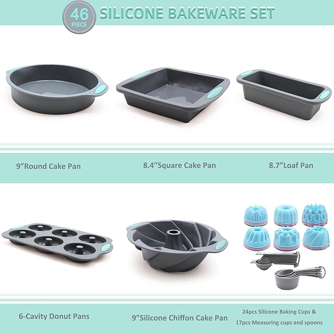 Tongjude 46 Piece Silicone Bakeware Set, Non-Stick Kitchen Oven Baking Pans, Silicone Cake Molds with Cake Pan, Chiffon Cake Pan, Donut Pan, Square Cake Pan and Loaf Pan