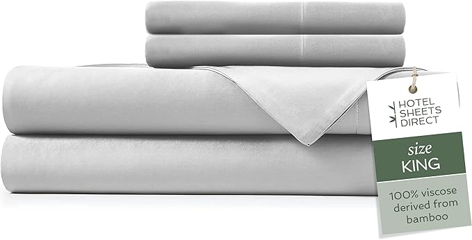Hotel Sheets Direct 4 Piece Bed Sheet Set King Size, 100% Viscose Derived from Bamboo Sheets Set with 2 Pillowcases, Cooling & Breathable Luxury Bedding, Moisture-Wicking & Silky Soft Texture, Gray