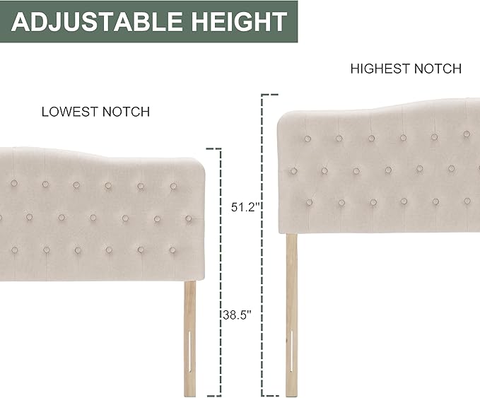 Upholstered Queen Headboard, Button Diamond Tufted Headboard with Adjustable Height and Solid Wood Leg, Linen Fabric Padded Headboards for Queen Size Bed, Mordern Head Board, Beige