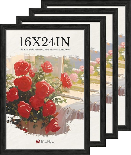 16x24 Poster Frame 4 Pack, Textured Black Solid Wood Picture Frame, Wall Hanging