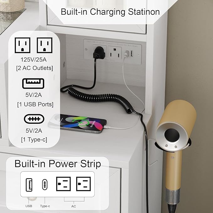 White 43" W Vanity Desk with Mirror & 11 Lights, 3 Drawer & 2 RGB Drawer Modern Makeup Desk with Glass top & Cushioned Stool, 3 Lighting Modes Brightness Adjustable,Power Outlet,Bedroom