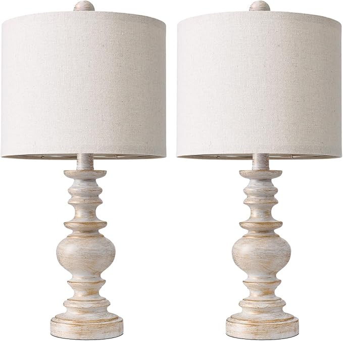 BOBOMOMO 20" Retro Table Lamps Set of 2 - Farmhouse Lamp for Living Room with Linen Shades, Rustic Bedside Nightstand Lamps, Resin Lamps for Bedroom Nursery Room Hallway - Ideal for Compact Spaces