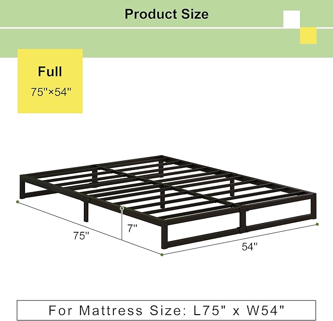 EMODA 7 Inch Full Size Bed Frame Heavy Duty Metal Platform No Box Spring Needed, Easy Assembly Noise Free, Black
