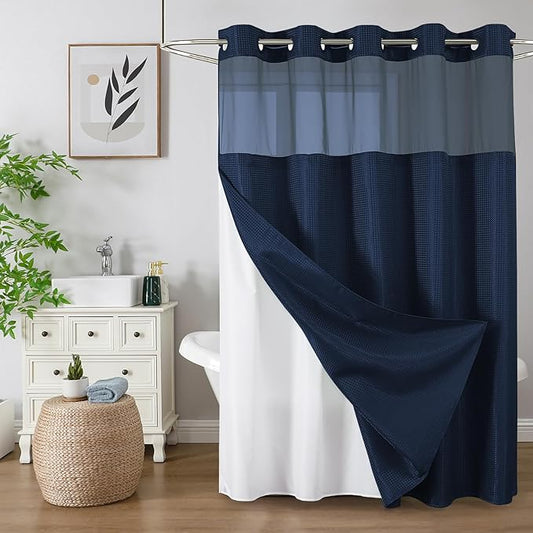 Colorful Star No Hook Shower Curtain with Snap in Fabric Liner, Waffle Weave Heavy Duty Thick Shower Curtains with Mesh Top Window, Hotel Style Waterproof Bathroom Curtain Set, 72 x 75 Inch, Navy Blue
