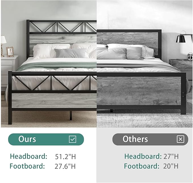 Full Size Bed Frame with Headboard, Industrial 51.2" Tall Headboard, Full Size Platform Bed Frame with Heavy Duty Metal Slats Support, No Box Spring Needed, Noise-Free, Easy Assembly, Wash Grey