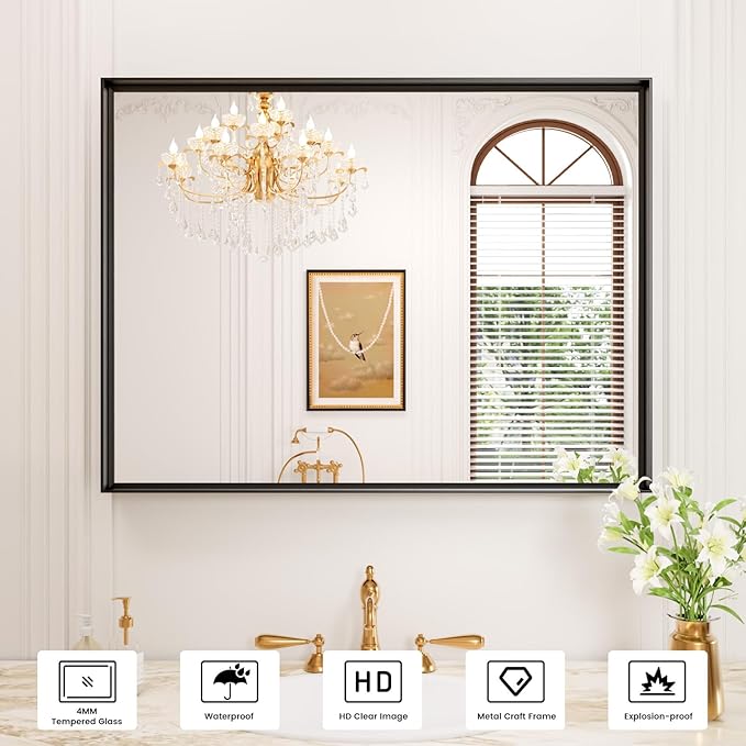 40x30 Inch Black Bthroom Mirror, Metal Frame Vanity Mirror for Wall,Square-Corner, Rectangle, Tempered Glass,Anti-Rust (Horizontal/Vertical), Bedroom, Living Room, Entryway