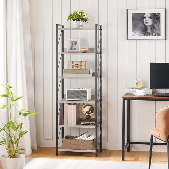 HOOBRO Bookshelf, 6-Tier Industrial Bookcase, Book Shelf Storage Organizer, Tall Bookshelf with Metal Frame for Living Room, Bedroom, Home Office, Kitchen, Greige and Black BG72SJ01