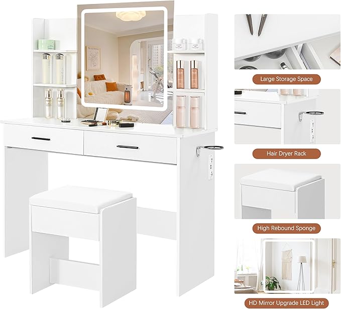KAMABOKO Vanity Desk with Mirror, LED Lights and Power Outlet, Makeup Vanity Table with 2 Drawers and 6 Storage Shelves, Dressing Table for Bedroom Dressing Room (White)