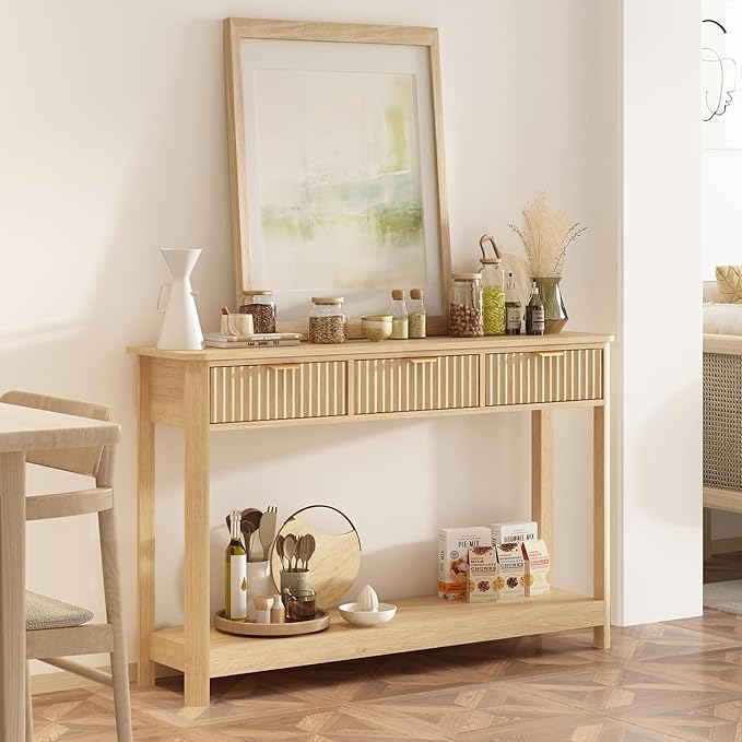RUSTOWN Fluted Wood Console Table with 3 Drawers, Boho Narrow Behind Couch Entryway Table with Open Storage Shelf, Modern Sofa Table for Living Room, Foyer and Hallway (Natural Wood)