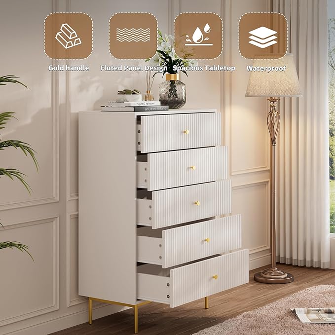 5 Drawer Dresser for Bedroom, Tall Dresser Chest of Drawers with Gold Handles, Wood Storage Cabinet for Bedroom, White