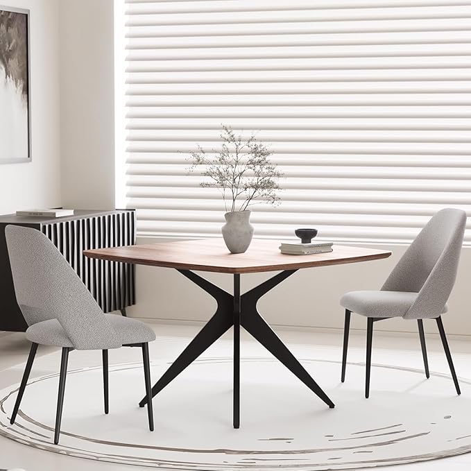 Kidol & Shellder 45.2" Square Dining Table Set for 2-4 People Modern MDF Wooden Dining Room Table with X-Shaped Metal Base Kitchen Table（Walnut Table+2pcs Grey Chairs）