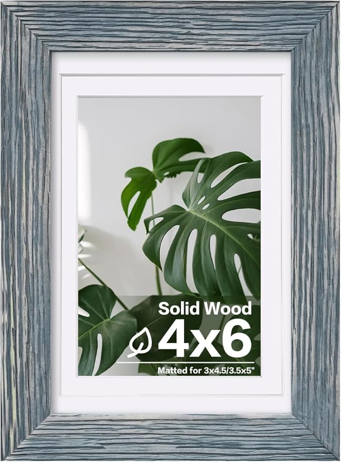 Egofine 4x6 Picture Frame Made of Solid Wood, Covered by Plexiglass Display Pictures 3.5x5 with Mat or 4x6 Without Mat for Table Top Display and Wall Mounting Photo Frame, Rustic Blue
