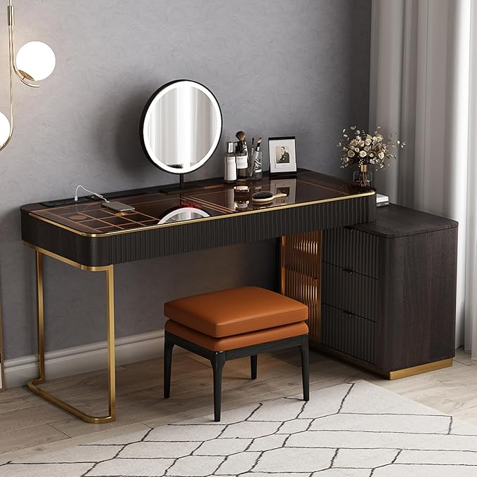 Larits Makeup Vanity, Very Easy to Assemble，Dressing Table Desk in one, Super Storage, with LED Light Vanity Mirror with ash Full Solid Wood upholstered Vanity Stool (Black Brown, 47 in)