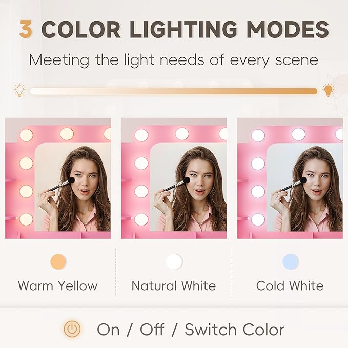 YESHOMY Vanity Desk with Large Lighted Mirror, Power Outlet and 11 Lights, Makeup Table with 7 Drawers and 3 Desktup Storage Units, 3 Color Modes Available for Bedroom, Pink