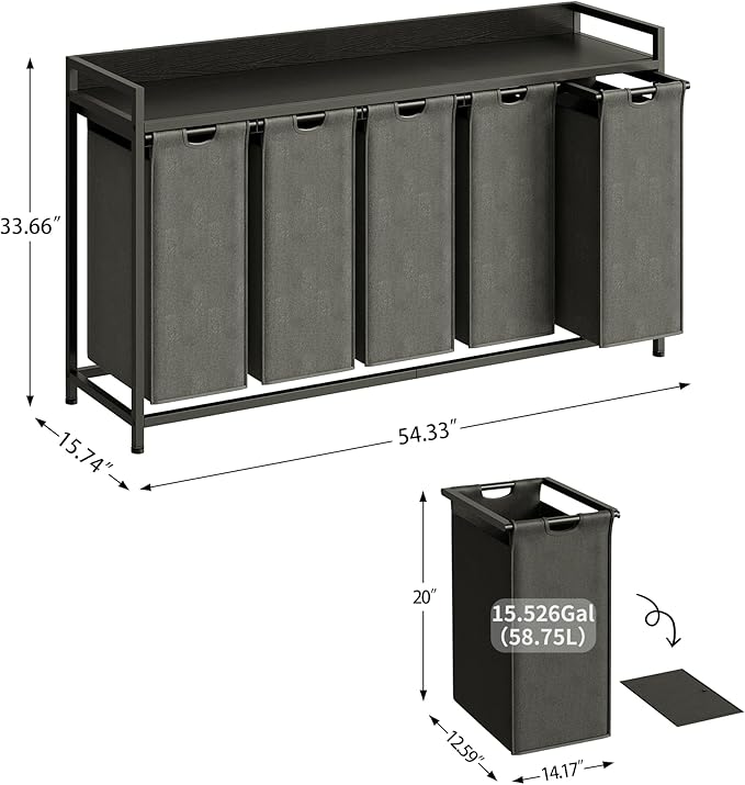 Laundry Hamper with Shelf, Laundry Basket 5 Section, Laundry Sorter with Pull-Out Removable Large Bags and Movable Wheels, Metal Frame, 5 x 15.87 Gallons (60L), Black PF08XLB