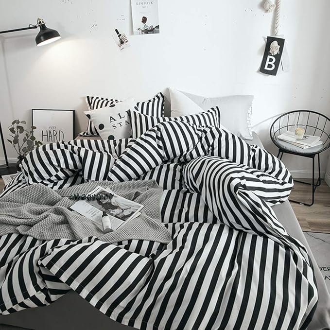 Luxlovery Black and White Comforter Set Queen Men Women Striped Bedding Set Full Farmhouse Ticking Stripes Bedding Blanket Geometric Lines Modern Comforter Set with 2 Pillowcases