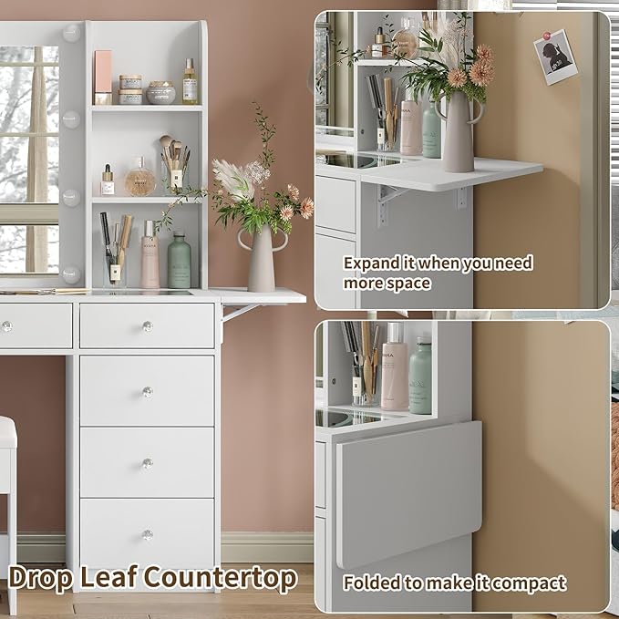 Vanity Desk with Power Outlet, 10 Drawers Makeup Vanity with Mirror and Lights, 3 Colors Adjustable, Fold-up Panel, Glass Top Vanity Set for Bedroom