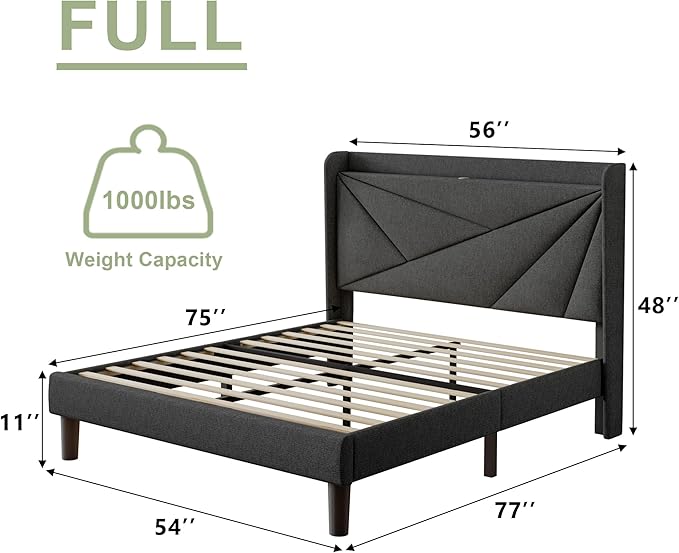 Feonase Full Bed Frame with Charging Station, Linen Upholstered Platform Bedframe with Wingback Headboard, Solid Wood Slats Support, Noise Free, No Box Spring Needed, Charcoal Grey