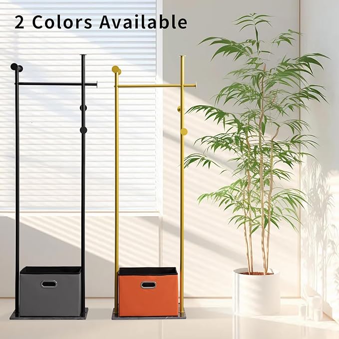 Coat Rack Freestanding with Storage Basket Heavy Duty Clothes Rack Marble Base Modern Coat Stand for Bedroom Living Room Hotel 13.39" D x 19.69" W x 68.9" H (Black)