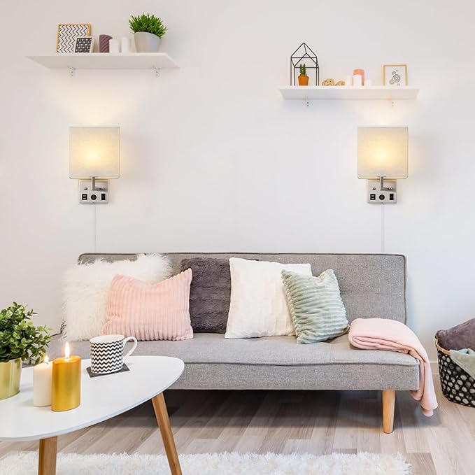 Black Wall Sconces Set of Two, Bedside Wall Lights for Bedroom, Plug in Wall Sconce with USB Ports and Outlets, Modern Wall Lamp for Mirror Kitchen Living Room Hallway, E26 Base (LED Bulbs Included)