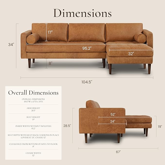 Poly & Bark Napa Leather Couch - Right Facing Sectional Sofa with 2 Bolsters - Full-Grain Leather Sofa for Living Room with Feather-Down Topper - Corner Couch - Vintage Italian Leather in Cognac Tan