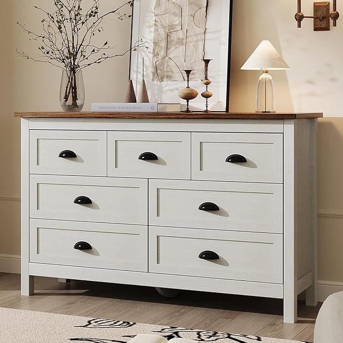 White Dresser for Bedroom, Farmhouse 7 Drawers Dresser, Wide Chest of Drawers with Metal Handles, Modern Wood Double Chest Storage Cabinet for Living Room, Bedroom, Hallway