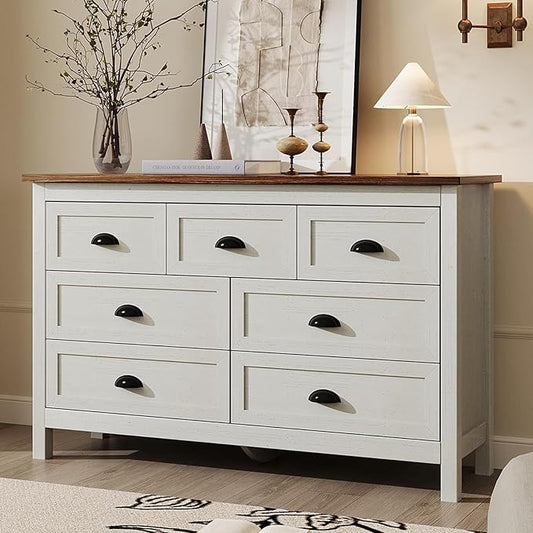 White Dresser for Bedroom, Farmhouse 7 Drawers Dresser, Wide Chest of Drawers with Metal Handles, Modern Wood Double Chest Storage Cabinet for Living Room, Bedroom, Hallway