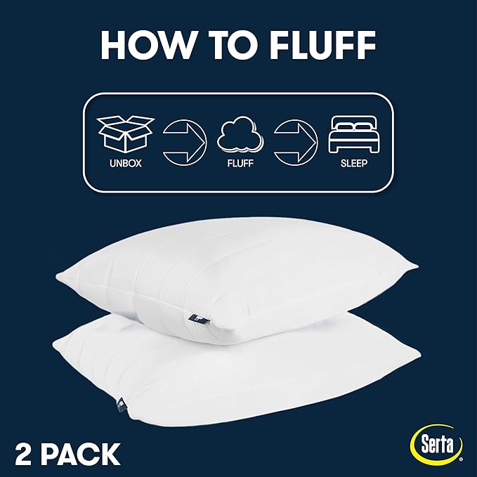Serta Down Illusion Quilted Hypoallergenic Medium/Firm Bed Pillows for Side, Stomach or Back Sleepers (2 Pack), King, White Cooling