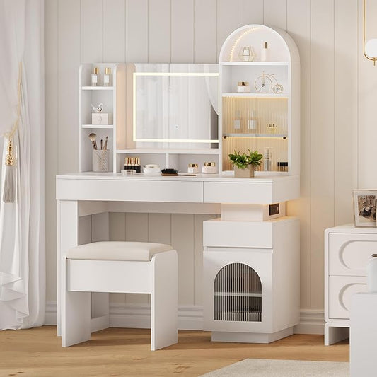 Makeup Vanity Desk with Mirror and Lights, Dressing Table with 3 Drawers and 11 Storage Shelves, Large Makeup Vanity Set with Lighted Mirror & Stool & Power Outlet, Vanity Dresser for Bedroom Dressing