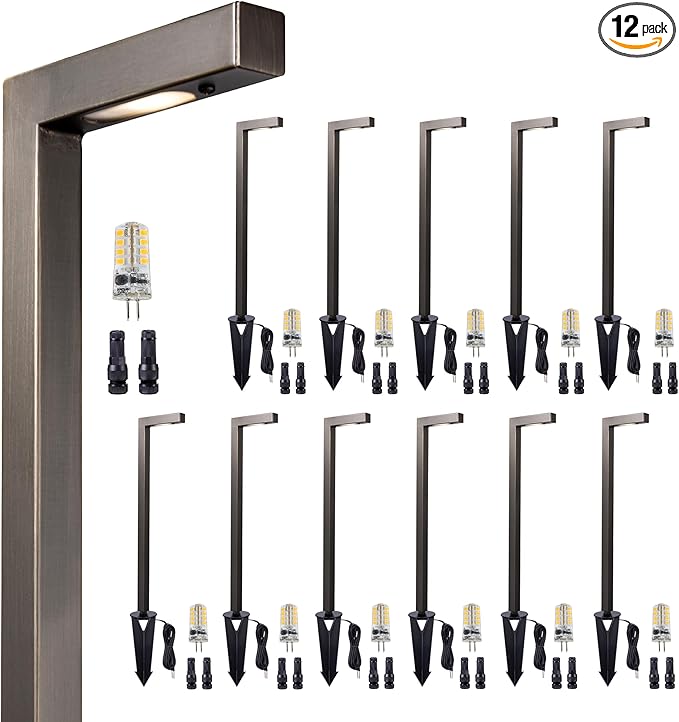 Brass Low Voltage Landscape Path Lights, Wired Pathway Lights, Outside IP65 LED Bronze L Shape Driveway Lights for Backyard Garden House with 3W 270LM 5000K G4 Bulb 12 Pack