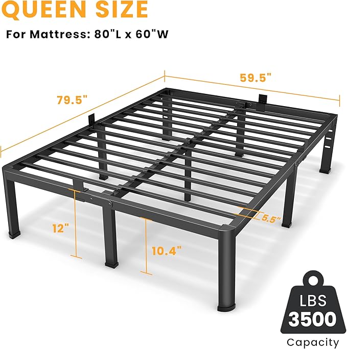 12 Inch Queen Bed Frame, Metal Platform Bed Frame with Round Corner Legs, 3500 lbs Heavy Duty Steel Slats Support, No Box Spring Needed, Noise Free, Easy Assembly, Black