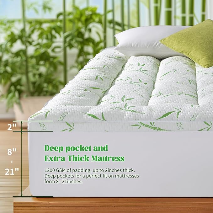 Mattress Topper King Size,Viscose Made from Bamboo Pillow Top Mattress Topper,1200 GSM Cooling Mattress Pad,2In Extra Thick Pillow Top for Back Pain with 8"-18" Deep Pocket(78"x80")