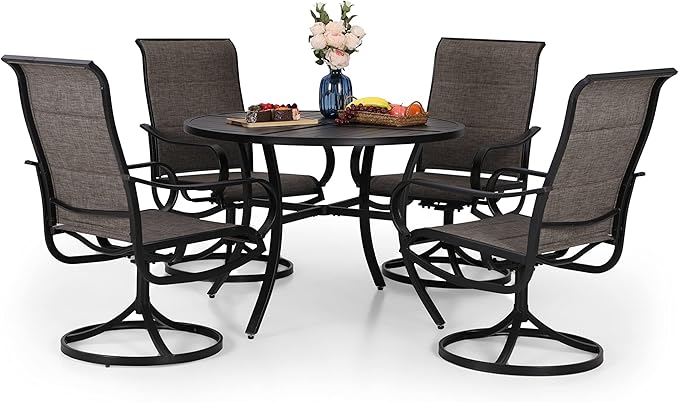 PHI VILLA Outdoor Patio Dining Set 5 Piece with 4 Padded Swivel Dining Chairs & 1 Large Round Dining Table, Textilene Mesh Fabric Chair and 42" Metal Table for All Weather