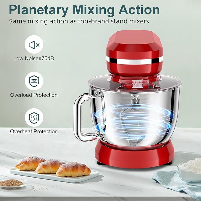HOWORK Electric Stand Mixer,10+p Speeds With 6.5QT Stainless Steel Bowl,Dough Hook, Wire Whip & Beater,for Most Home Cooks,Bright Red