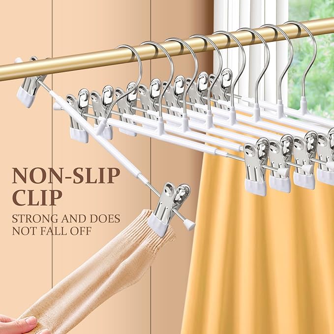 10 Pack 14Inch Heavy Duty Pants Skirt Hangers with Clips,Metal Trousers Hanger for Jeans White Non Slip Women Shorts Hangers Saving Space Clothing Hanger for Adult,Men,Children,Kid,Baby