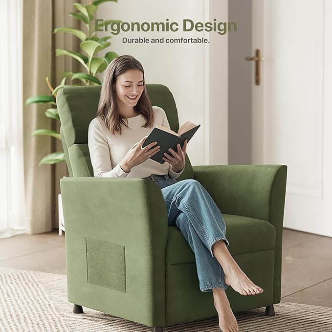 Claiks Power Recliner Chair for Adults, Adjustable Reclining Chair, Comfortable Recliner Couch with Side Pockets&Wire Remote Control, for Living Room, Home Theater, Bedroom, Linen Fabric, Green