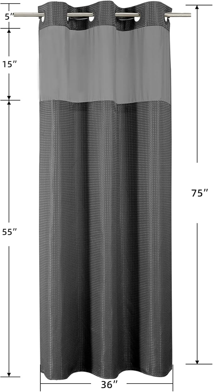 Colorful Star No Hook Waffle Shower Curtain with Snap in Fabric, Waterproof Shower Curtains with See Through Top Window, Small Stall Bathroom Curtain and Liner Set, 36'' x 75'', Charcoal Grey